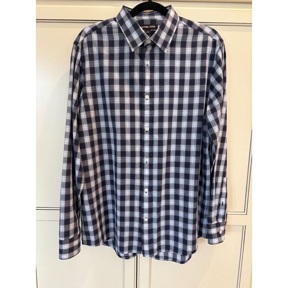 Michael Kors Men's Tailor Fit Blue Checkered Long Sleeve Shirt Size Large - Picture 2 of 5